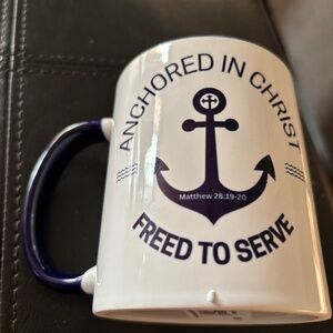New in Box Navy Blue and White Coffee/Tea Mug" Anchored In Christ"